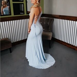 Jovani Light Blue Prom Dress with Lace-Up Back